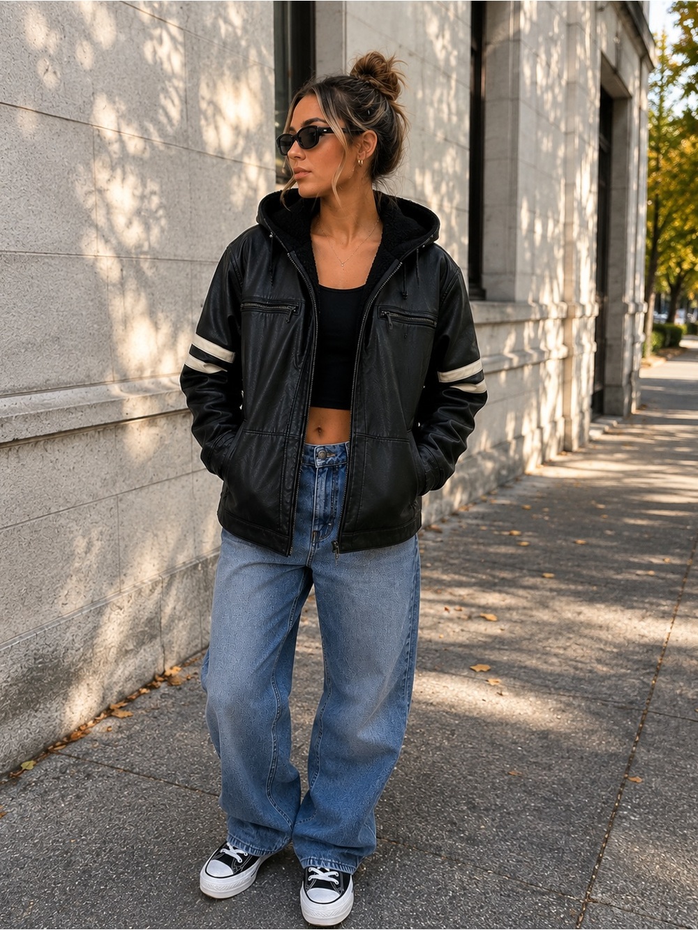 Black Hooded Leather Jacket with White Sleeve Stripes -can be unisex